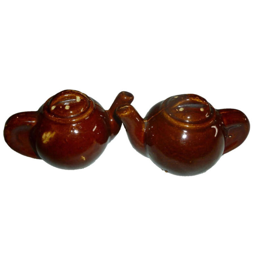 Vintage Brown Drip‎ Glaze Ceramic Teapot Salt and Pepper Shakers Set